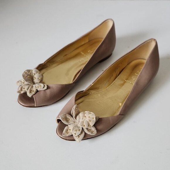 J.CREW | Leather Flower Flats Peep Toe Brown Neutral Sz 7.5 - Picture 1 of 6